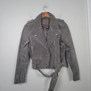 Blank NYC Womens S 100% Leather Moto Jacket Belted Zip Up Biker Style Gray
